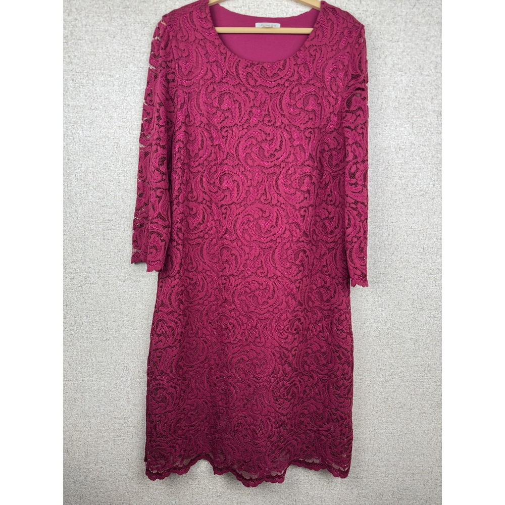Garnet Hill Swirl Lace Shift Dress Women's Size 8 Berry 3/4 Sleeve Lined Scallop